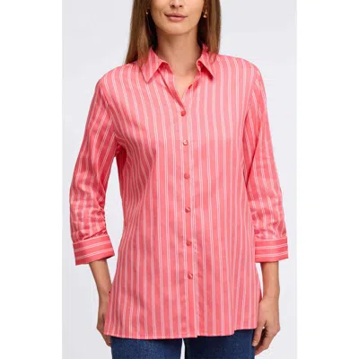 Foxcroft Evelyn Stripe Three-quarter Sleeve Cotton Button-up Shirt In Pink