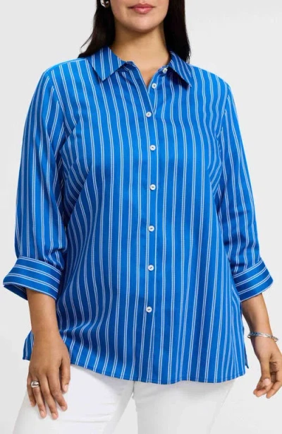 Foxcroft Evelyn Stripe Three-quarter Sleeve Cotton Button-up Shirt In Cobalt Blue White