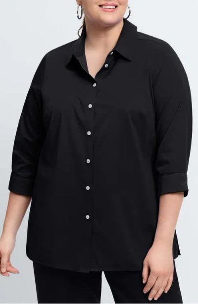 Foxcroft Evelyn Three-quarter Sleeve Button-up Shirt In Black