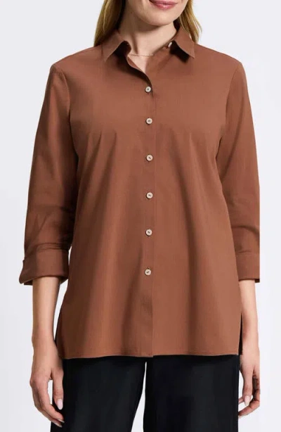 Foxcroft Evelyn Three-quarter Sleeve Button-up Shirt In Macchiato