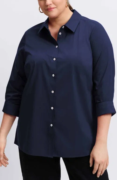 Foxcroft Evelyn Three-quarter Sleeve Button-up Shirt In Navy