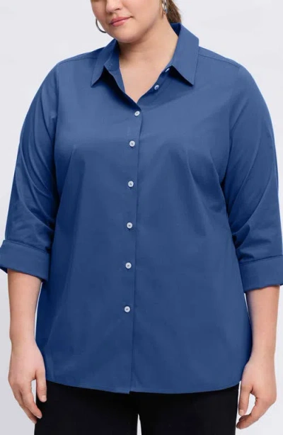 Foxcroft Evelyn Three-quarter Sleeve Button-up Shirt In Pacific Blue
