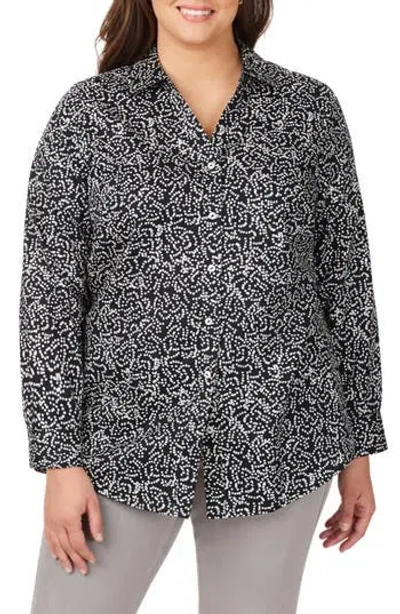 Foxcroft Faith Dot Print Cotton Button-up Tunic Shirt In Black