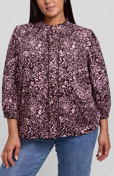 Foxcroft Faye Garden Paisley Print Cotton Shirt In Espresso Brown/pink