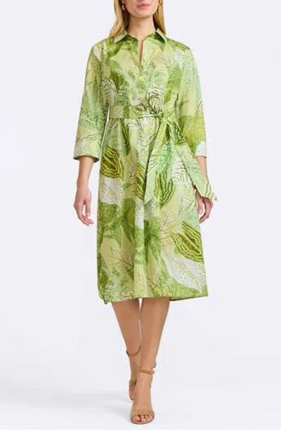 Foxcroft Fiona Botanical Print Belted Cotton Shirtdress In Green