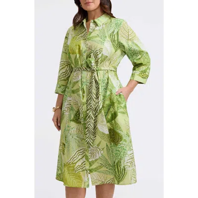 Foxcroft Fiona Botanical Print Belted Shirtdress In Green Multi