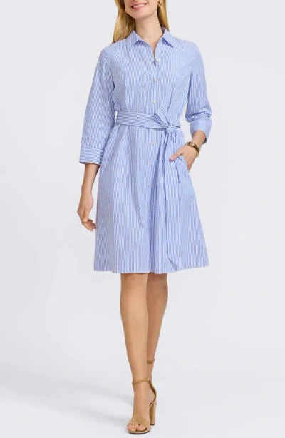 Foxcroft Fiona Stripe Belted Cotton Seersucker Shirtdress In Blue/white