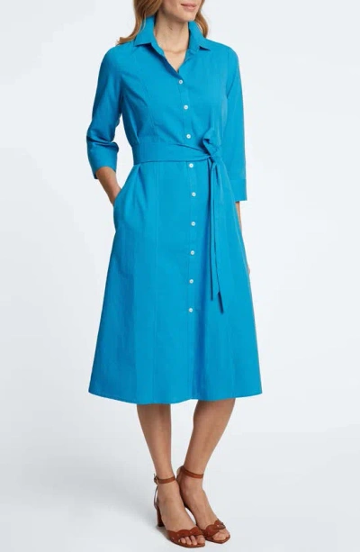 Foxcroft Fiona Tie Waist Seersucker Shirtdress In True Blue