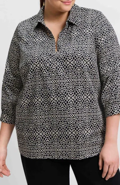 Foxcroft Frankie Abstract Print Cotton Sateen Popover Top In Black
