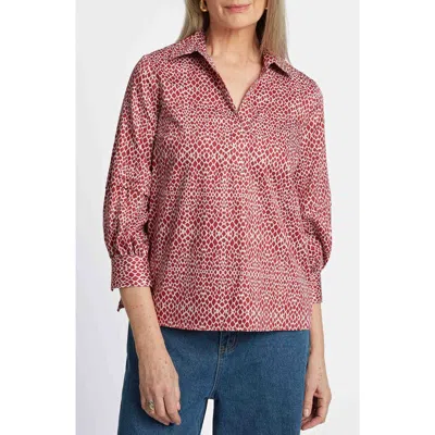 Foxcroft Frankie Abstract Print Cotton Sateen Popover Top In Ruby Red