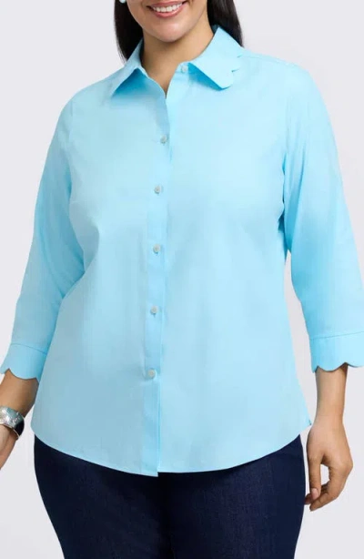 Foxcroft Gwen Three-quarter Sleeve Cotton Button-up Shirt In Soft Aqua