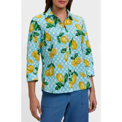 Foxcroft Hampton Lemon Linen Blend Shirt In Blue