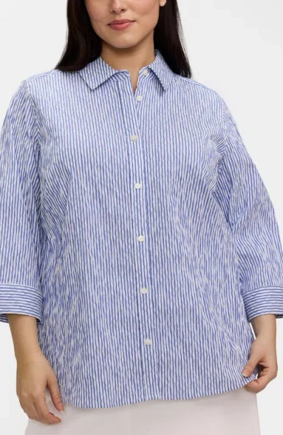 Foxcroft Hampton Stripe Three-quarter Sleeve Button-up Shirt In Blue