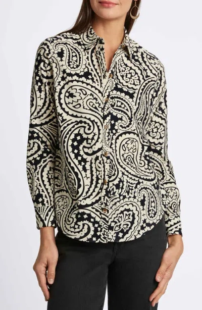 Foxcroft Haven Paisley Corduroy Button-up Shirt In Black/white
