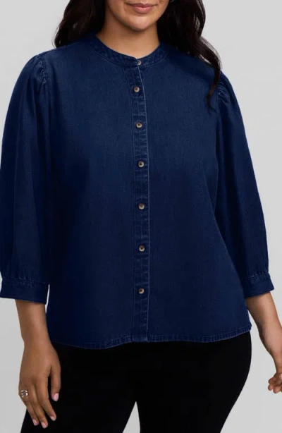 Foxcroft Helsa Puff Sleeve Denim Shirt In Blue