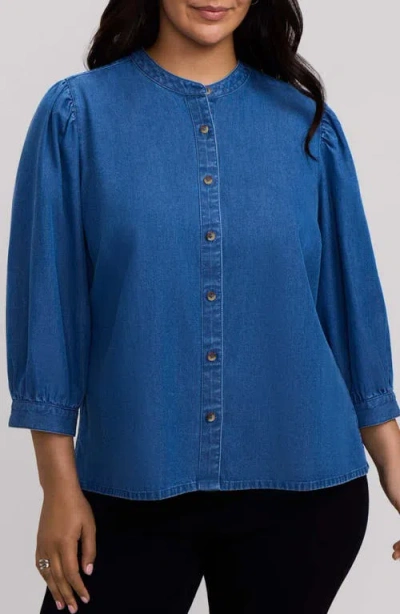 Foxcroft Helsa Puff Sleeve Denim Shirt In Blue