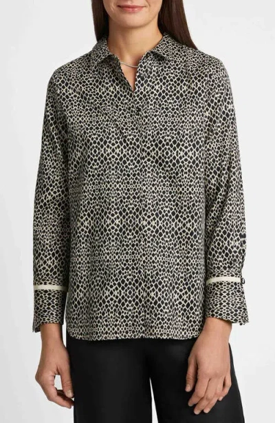 Foxcroft Iris Abstract Print Cotton Sateen Button-up Shirt In Black
