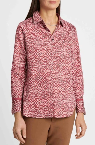 Foxcroft Iris Abstract Print Cotton Sateen Button-up Shirt In Ruby Red