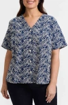Foxcroft Isabel Floral Embroidered Cotton Button-up Top In Navy/white