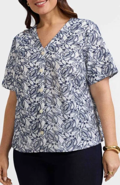 Foxcroft Isabel Floral Embroidered Cotton Button-up Shirt In White/navy