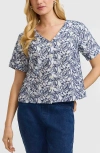 Foxcroft Isabel Floral Embroidered Cotton Button-up Top In White/navy