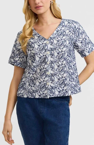 Foxcroft Isabel Floral Embroidered Cotton Button-up Top In White/navy