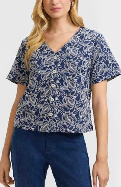 Foxcroft Isabel Floral Embroidered Cotton Button-up Top In Navy/ White