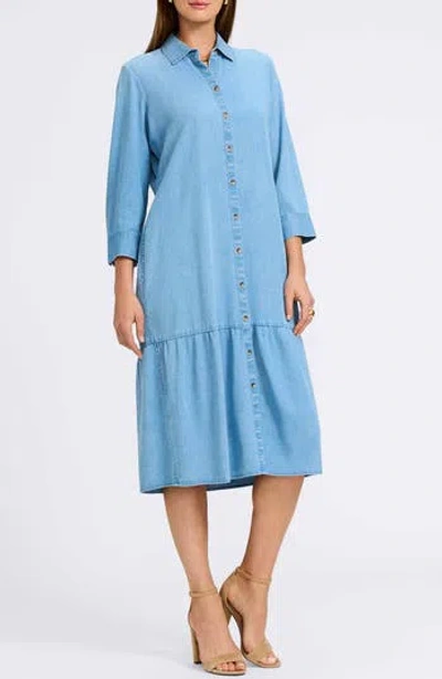 Foxcroft Ivy Long Sleeve Belted Denim Shirtdress In Blue