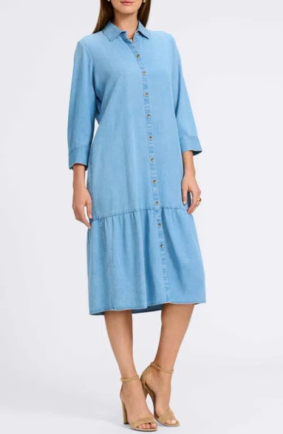 Foxcroft Ivy Long Sleeve Belted Denim Shirtdress In Bleach Wash