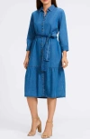 Foxcroft Ivy Long Sleeve Belted Denim Shirtdress In Medium Wash