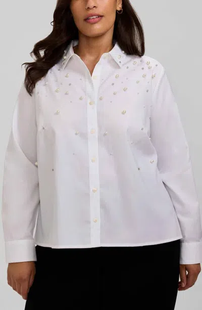 Foxcroft Jodie Faux Pearl & Rhinestone Button-up Shirt In White