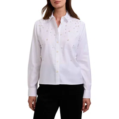 Foxcroft Jodie Faux Pearl & Rhinestone Button-up Shirt In White