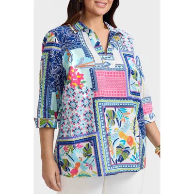 Foxcroft Julia Print Popover Shirt In Blue Multi