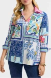 Foxcroft Julia Tropical Print Cotton Popover Top In Blue Multi