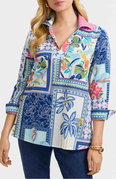 Foxcroft Julia Tropical Print Cotton Popover Top In Blue Multi