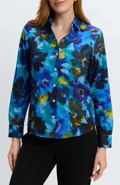 Foxcroft June Floral Button-up Shirt In Blue Multi