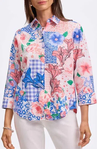 Foxcroft June Mixed Print Cotton Button-up Shirt In Blue/ Pink Multi