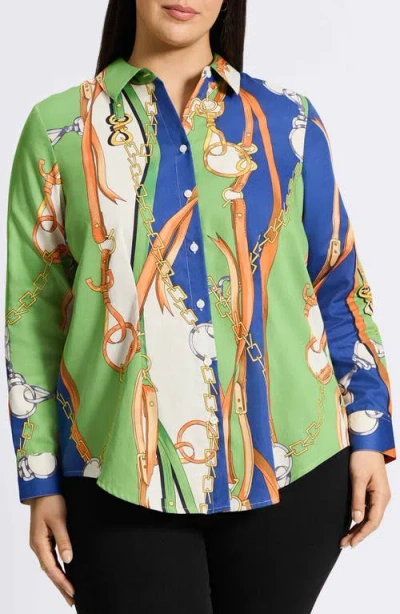 Foxcroft June Status Chain Cotton Button-up Shirt In Green Multi