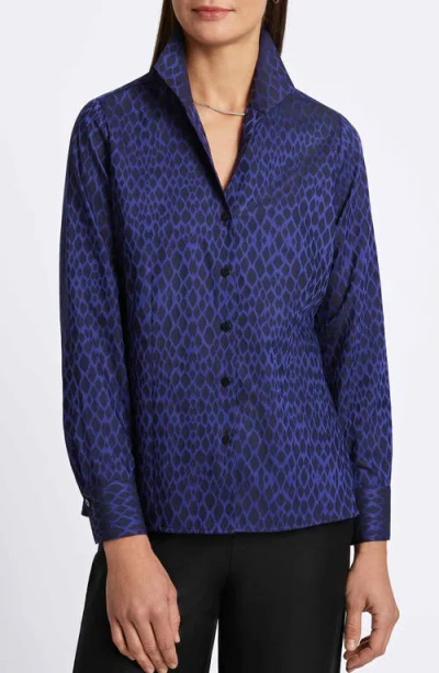 Foxcroft Katie Abstract Snakeskin Print Twill Button-up Shirt In Majestic Blue