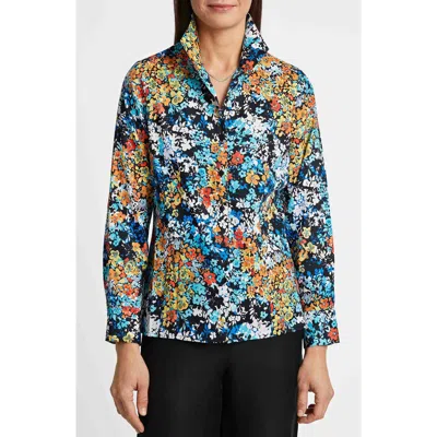 Foxcroft Katie Floral Print Cotton Button-up Shirt In Blue Multi