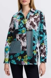 Foxcroft Kylie Print Cotton Sateen Button-up Shirt In Teal Multi