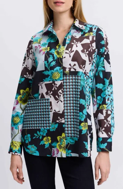 Foxcroft Kylie Print Cotton Sateen Button-up Shirt In Teal Multi