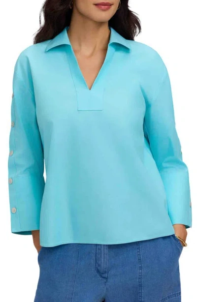 Foxcroft Lainey Button Accent Cotton Popover Top In Blue