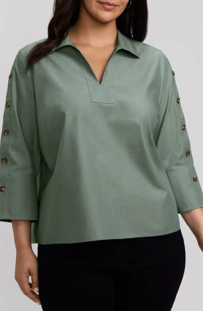 Foxcroft Lainey Button Accent Cotton Popover Top In Green