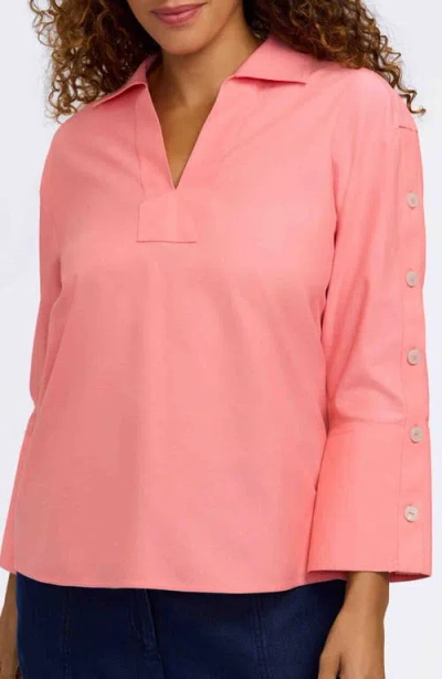 Foxcroft Lainey Button Accent Cotton Popover Top In Pink