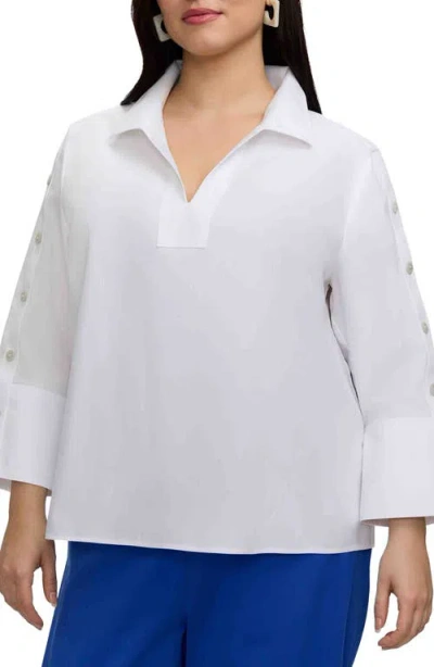 Foxcroft Lainey Button Accent Cotton Popover Top In White