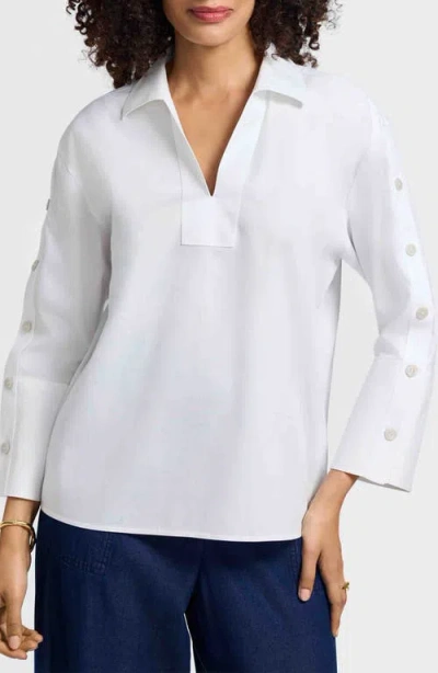Foxcroft Lainey Button Accent Cotton Popover Top In White