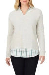 Foxcroft Layered Plaid Trim Cotton Sweater In Ivory Multi