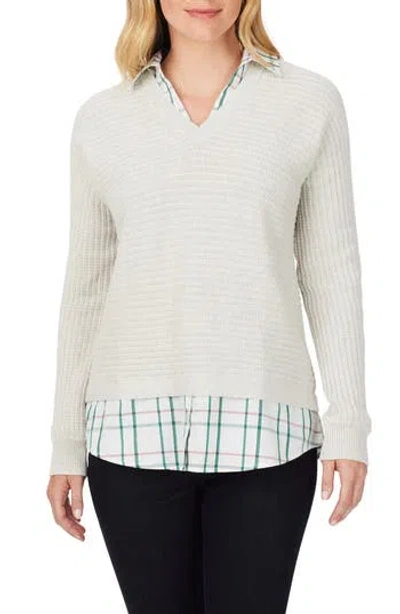 FOXCROFT FOXCROFT LAYERED PLAID TRIM COTTON SWEATER