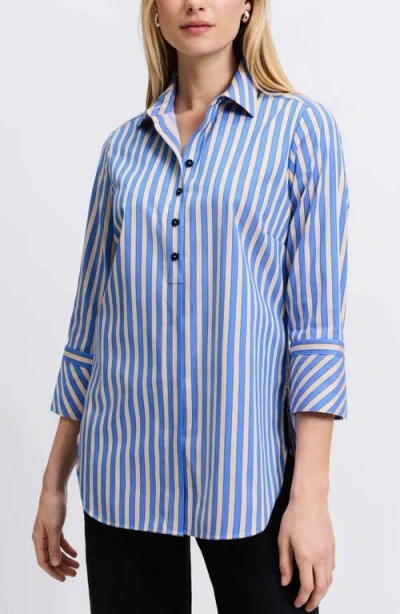 Foxcroft Madison Stripe Stretch Cotton Blend Top In Cobalt Blue/ Neutral